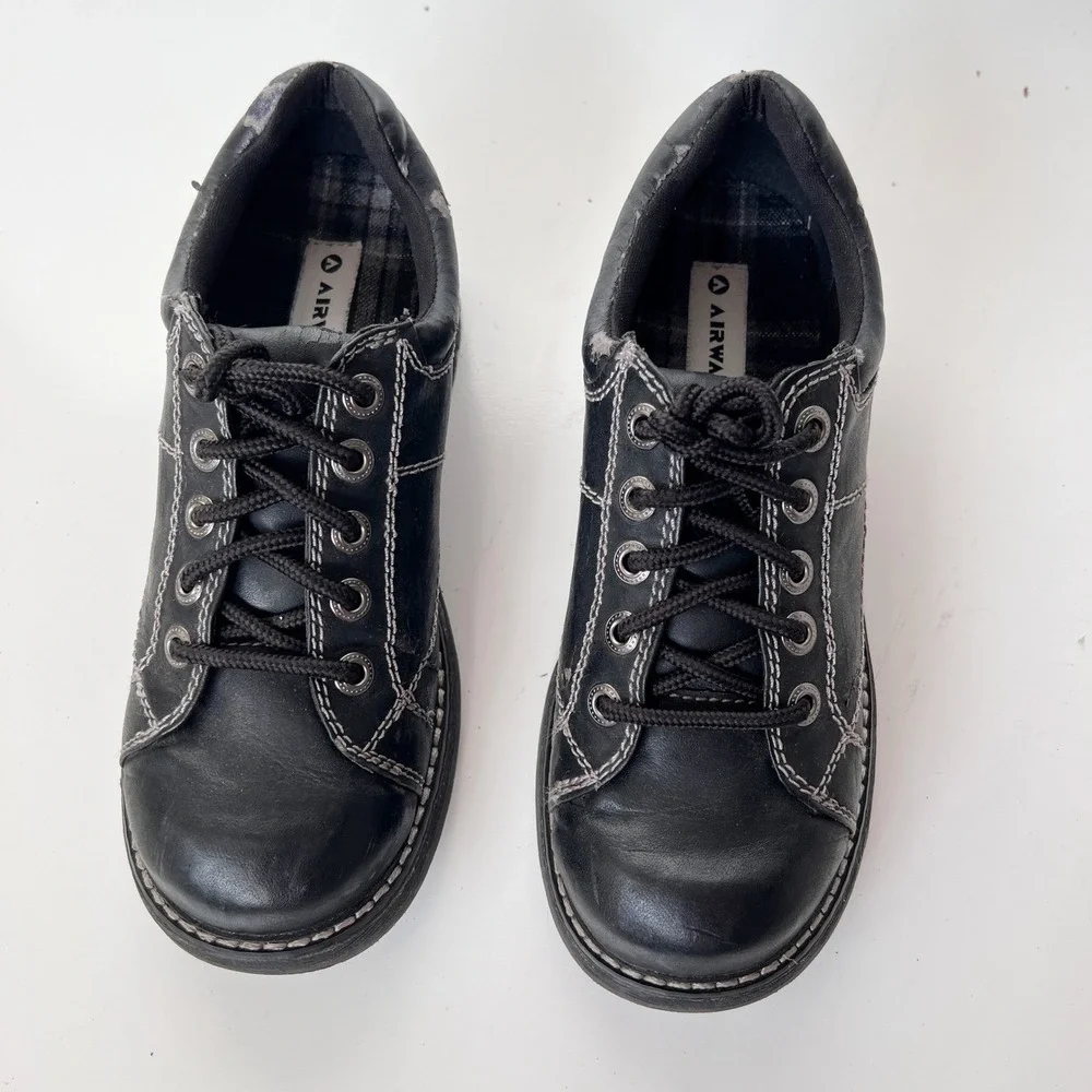 Vintage 90s Chunky Black Lace Up Oxford Shoes Women Size 6.5 Faux Leather Preppy